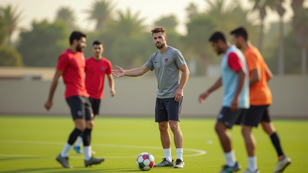 مدرب كرة قدم يشرح تقنية تمرير الكرة لمجموعة من لاعبي الناشئين على ملعب التدريب